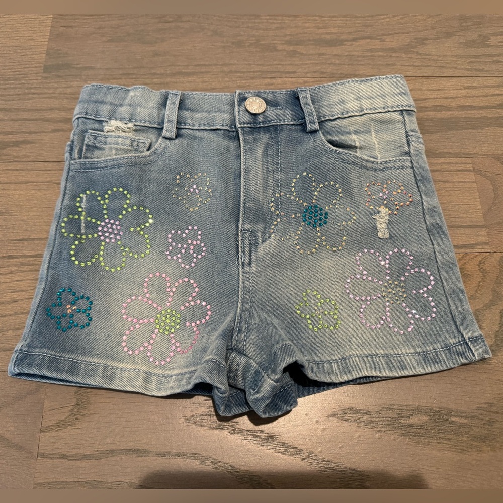 Denim Shorts with Rhinestone Flower Detail